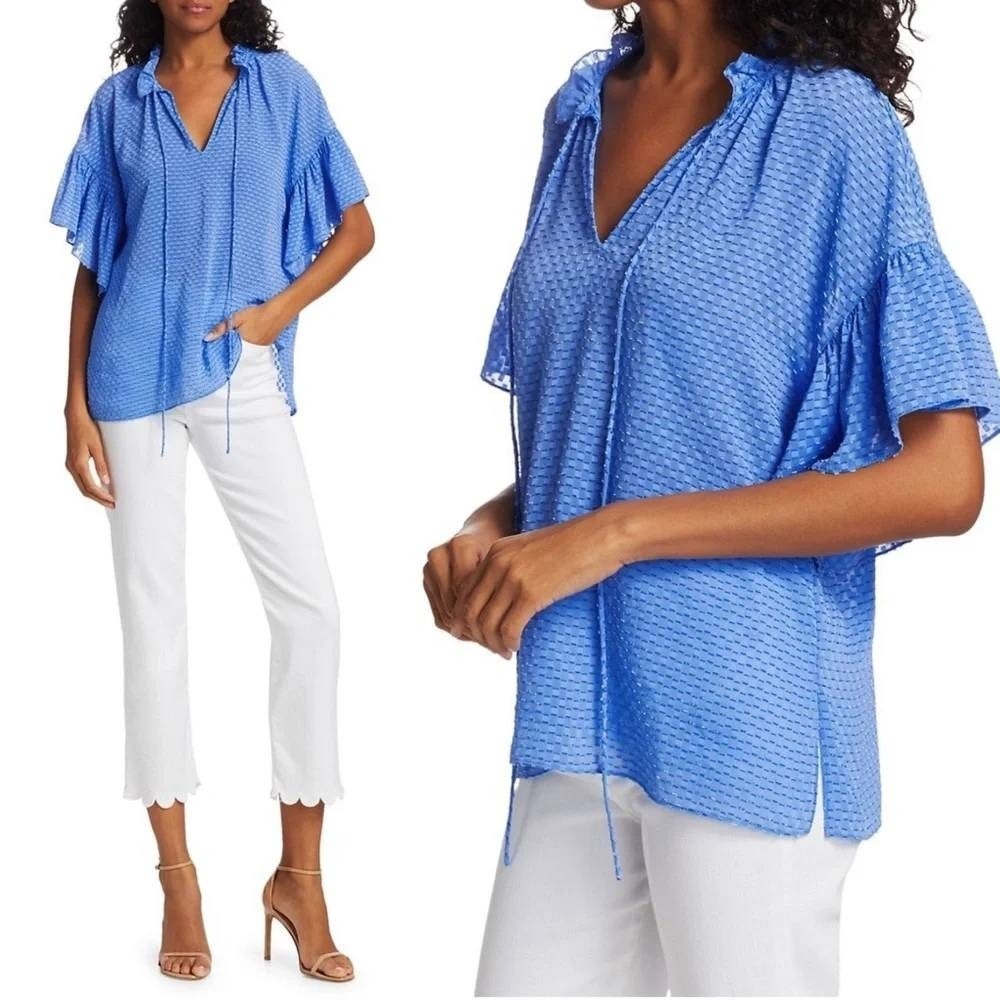 Alice + Olivia Julius Ruffle Sleeve Split Neck Blouse XS Paradise Blue‎ Feminine